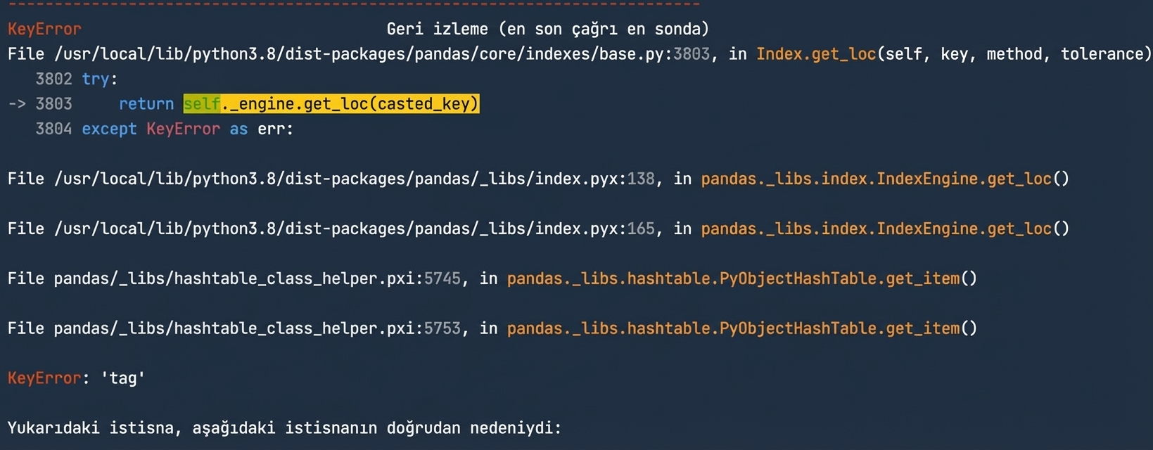 Çalıştırıldığında hataya yol açan dosyayı ve KeyError türünü gösteren traceback