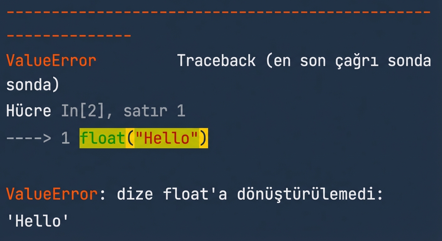 Dize 'Hello'un floata dönüştürülemediğini doğrulayan ValueError çıktısı