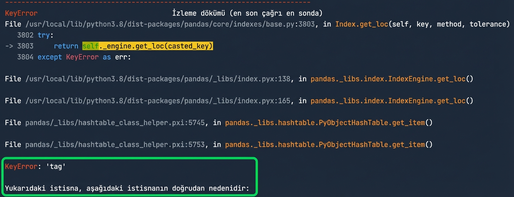 KeyError’u vurgulayan traceback