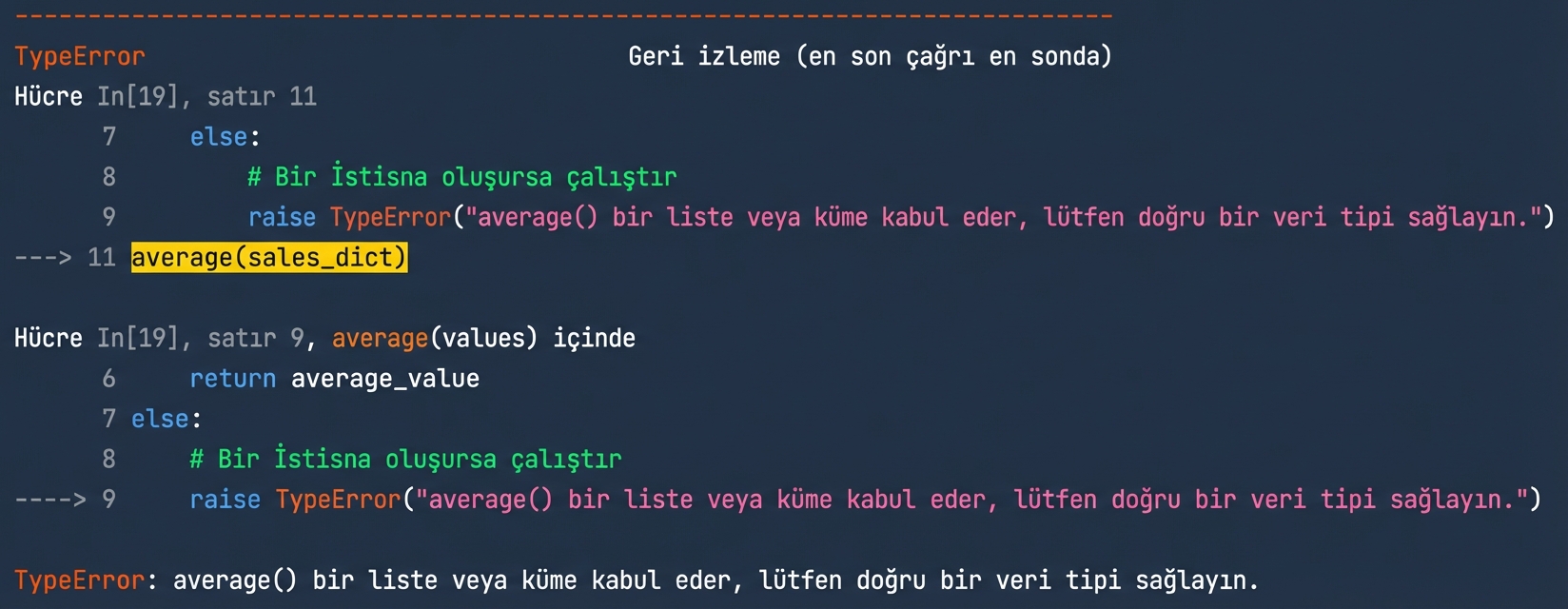 Doğru veri türünü sağlamaya yönelik özel mesajı gösteren TypeError çıktısı