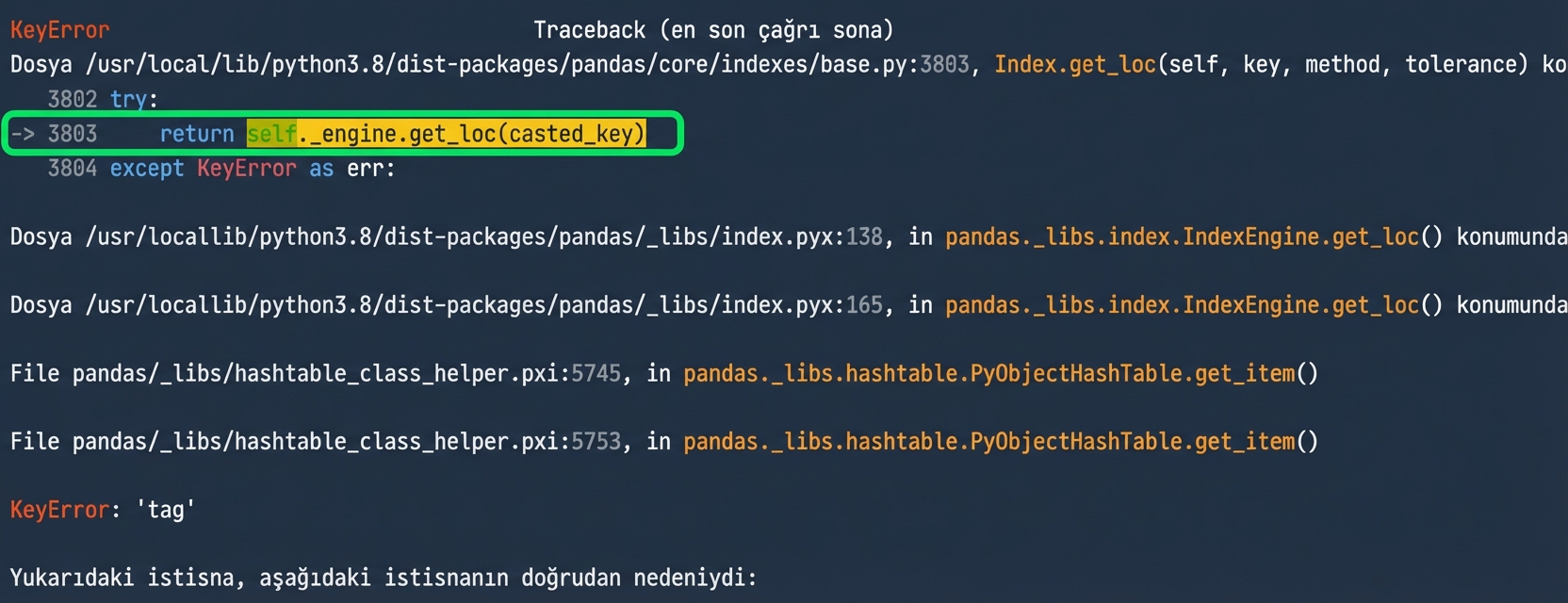 3803. satırı vurgulayan traceback