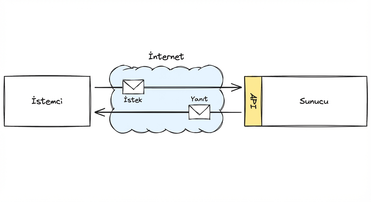 İnternet üzerinden bir API ile istemci-sunucu etkileşimini, istek ve yanıt mesajları etiketleriyle gösteren bir diyagram.