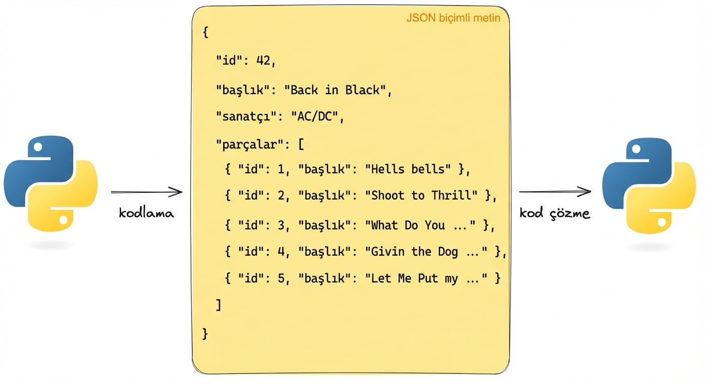 Python ile JSON biçimli metnin kodlanıp çözülmesinin görseli. JSON, AC/DC'nin "Back in Black" albüm ayrıntılarını içerir.