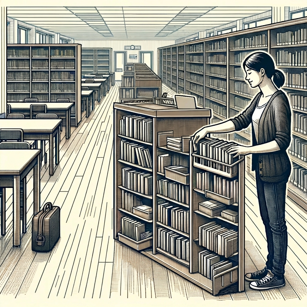 Kütüphanede kitap düzenleyen bir kütüphaneci görseli