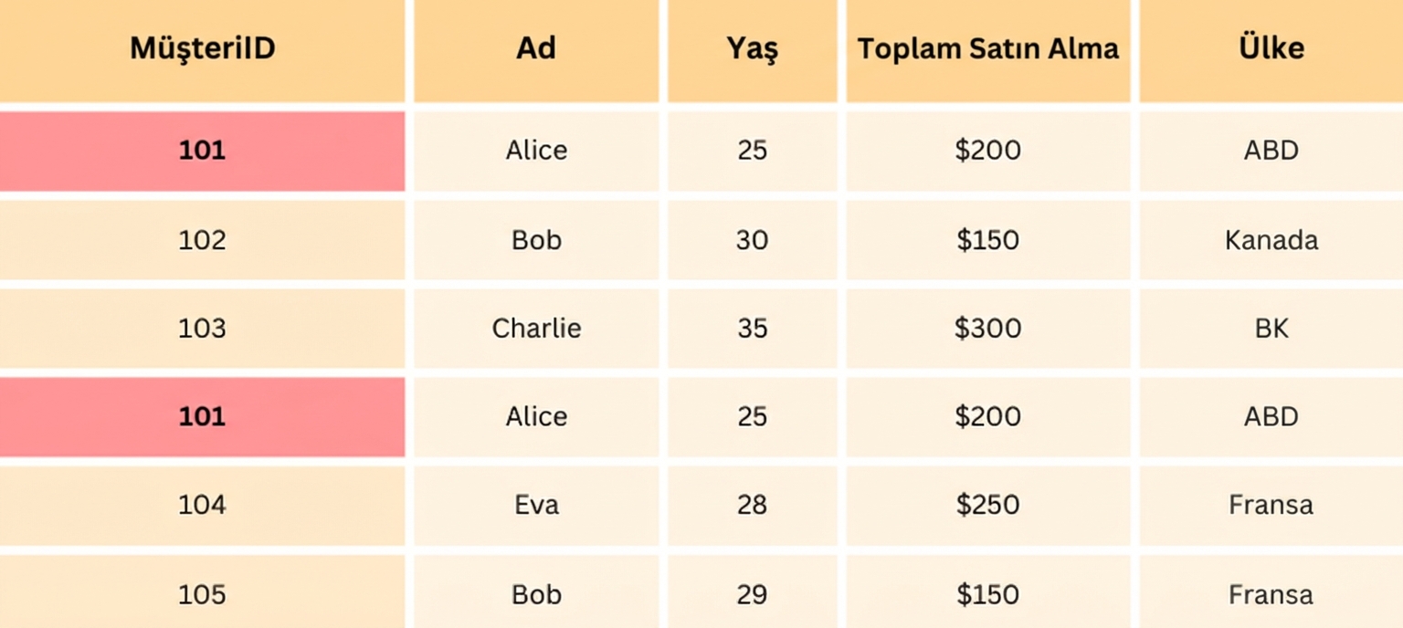 Müşteri kimliği vurgulanmış yinelenenlerin kaldırıldığı tablo.