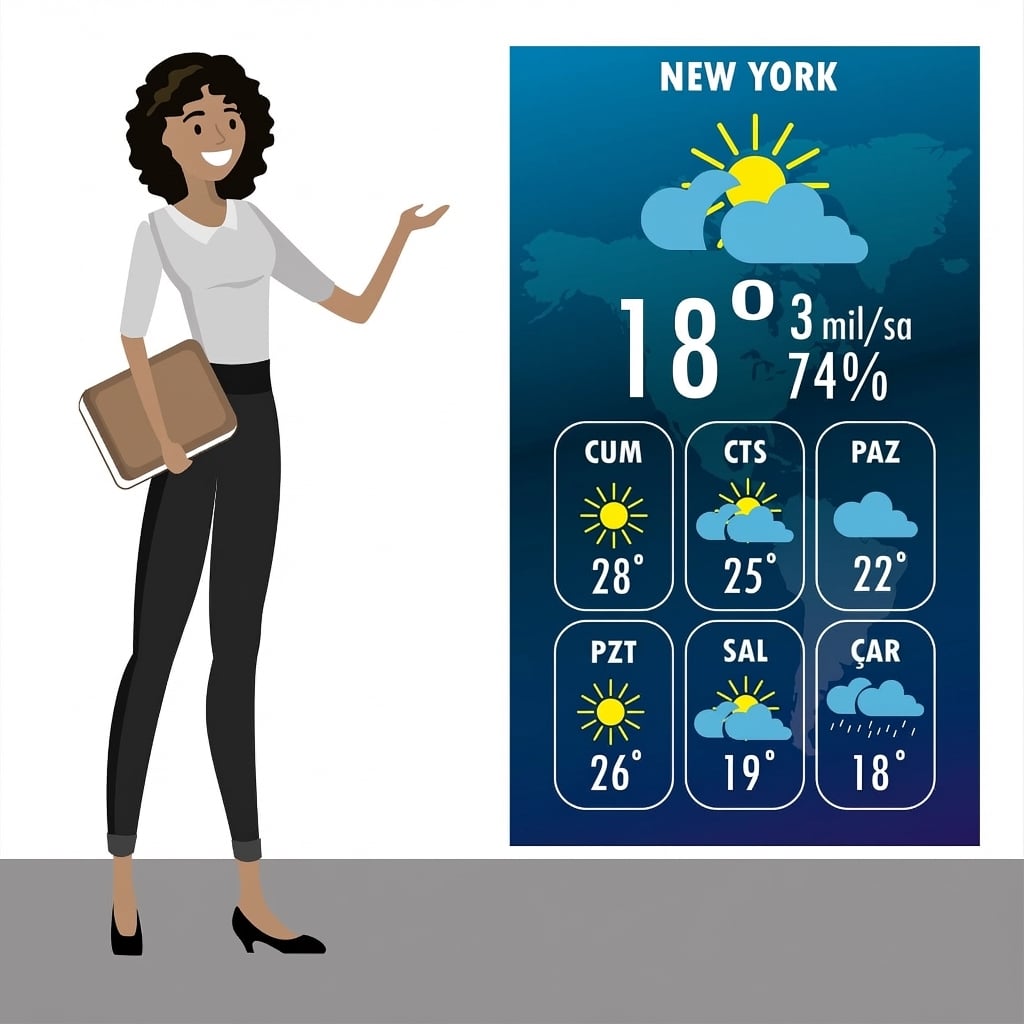 New York için hava durumu bilgileri olan bir ekranın yanında duran bir kadın