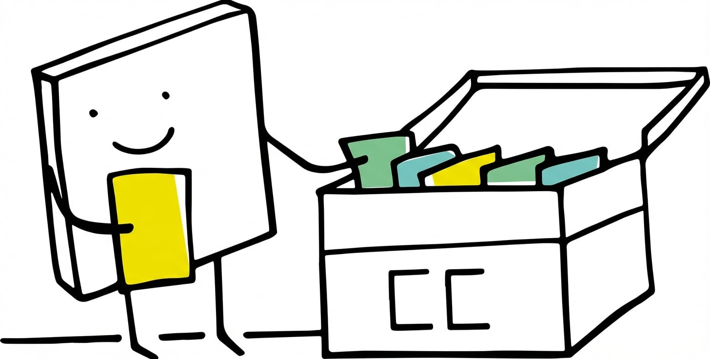 Arşiv kutusuna istemleri dosyalayan neşeli bir çizgi karakter