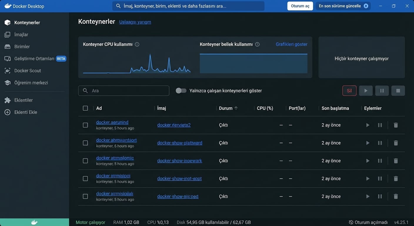 Docker Desktop - Uygulama ekran görüntüsü