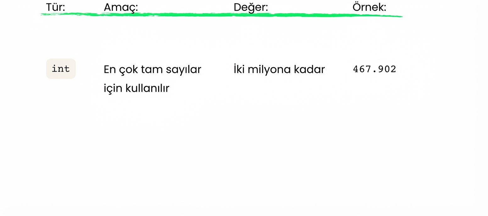 int iki milyona kadar tam sayıları saklar