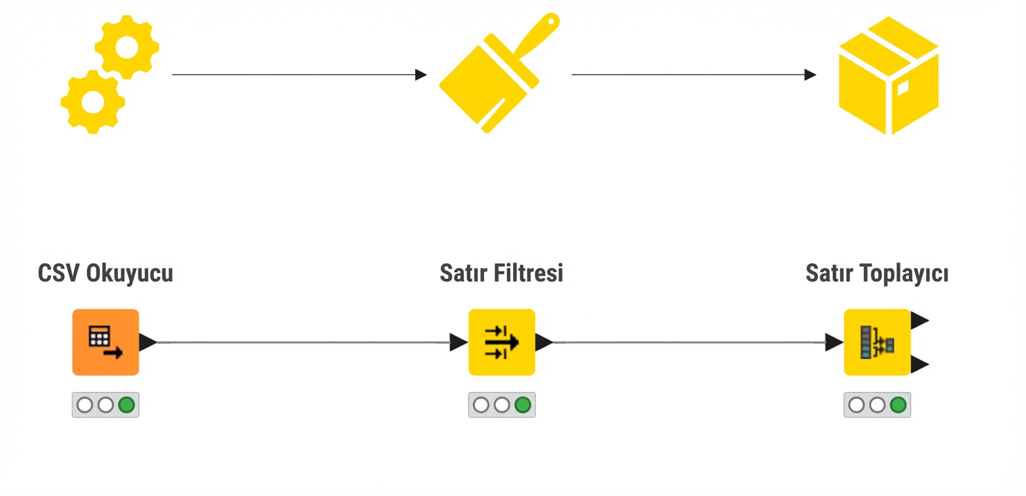 Üretimin üç aşamasını ve aynı amaç için KNIME'daki üç düğümü gösteren görsel