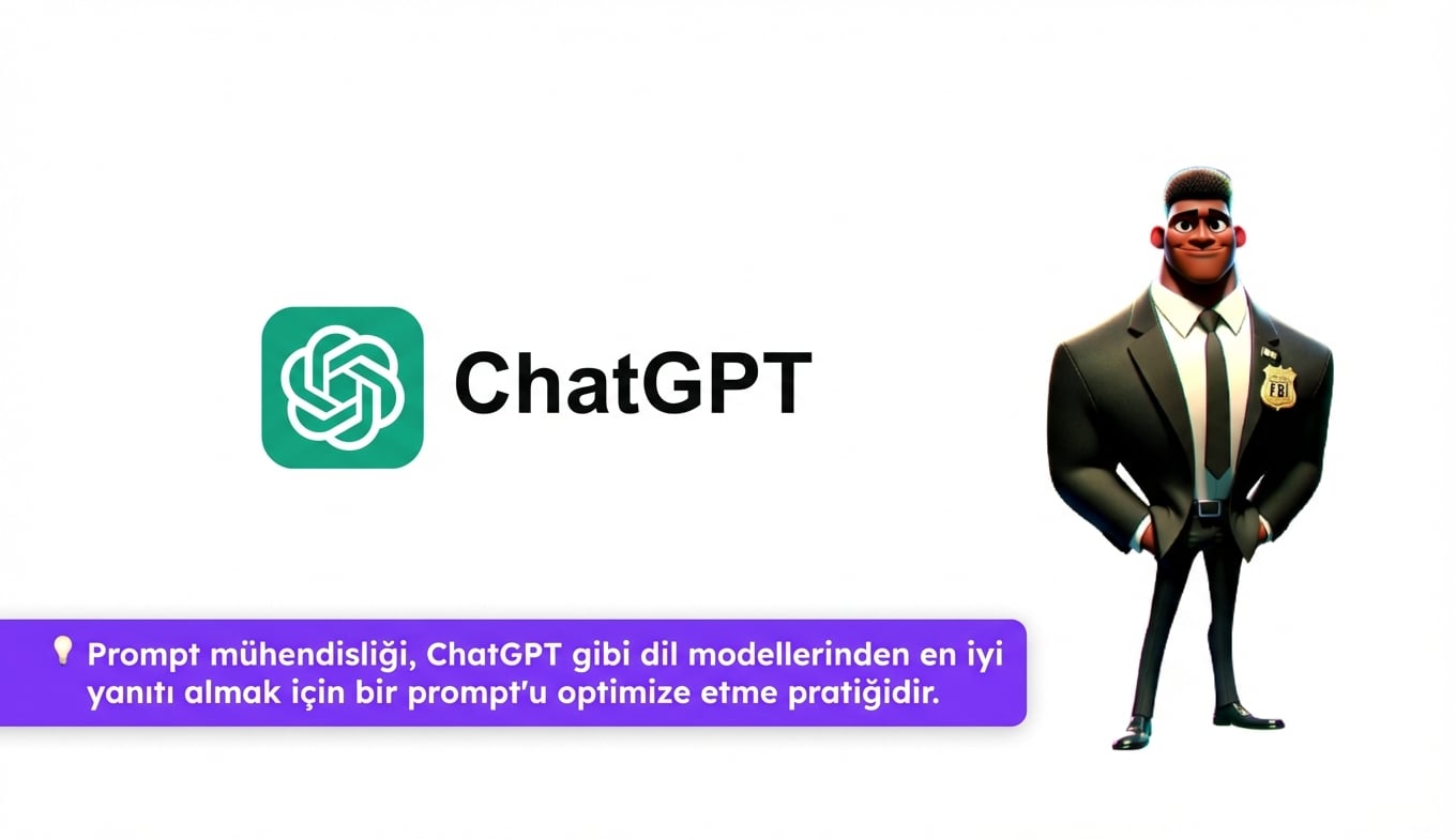 Görselde ChatGPT logosu ve çizgi film tarzı bir FBI karakteri var