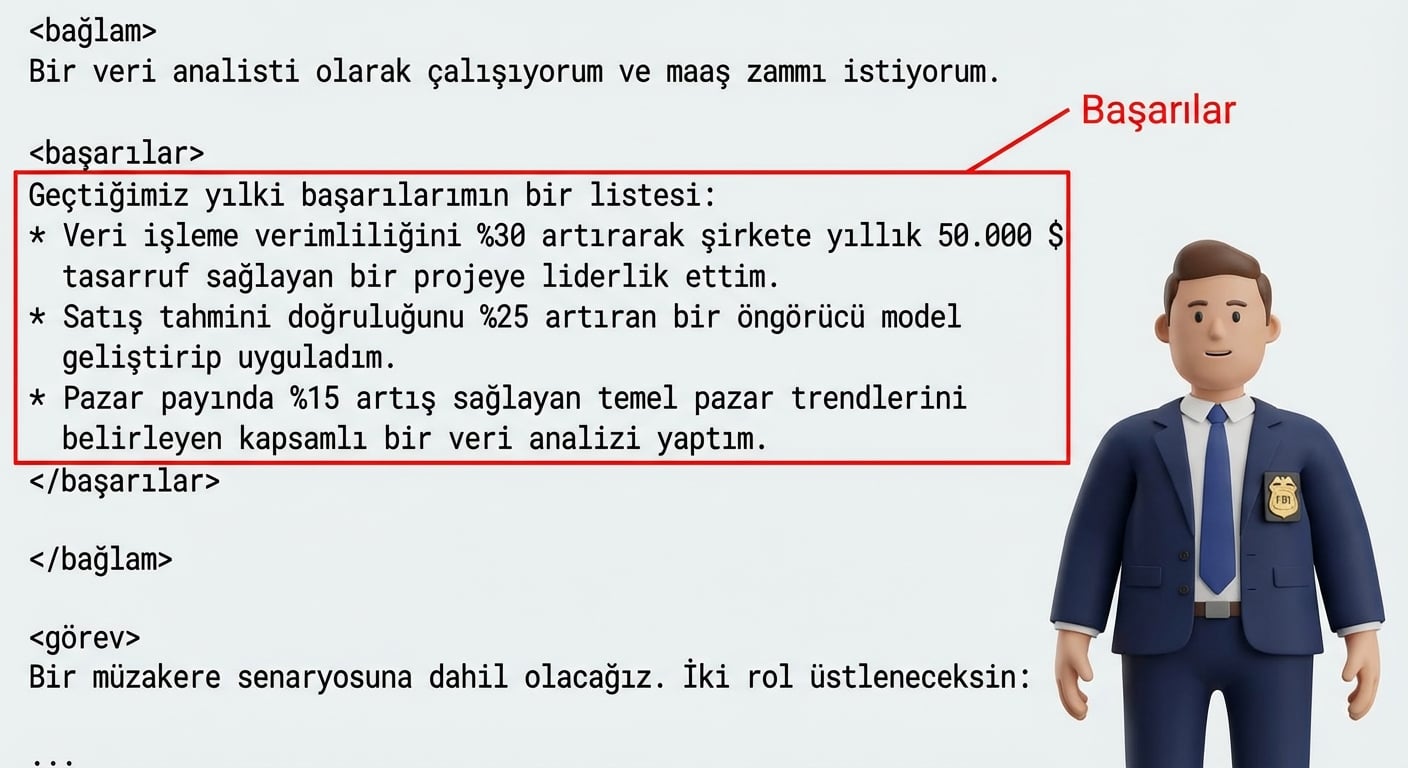 Görselde kendinden emin pozda bir çizgi film tarzı FBI ajanı var. Ajanın solunda XML etiketleri: context, achievements ve task