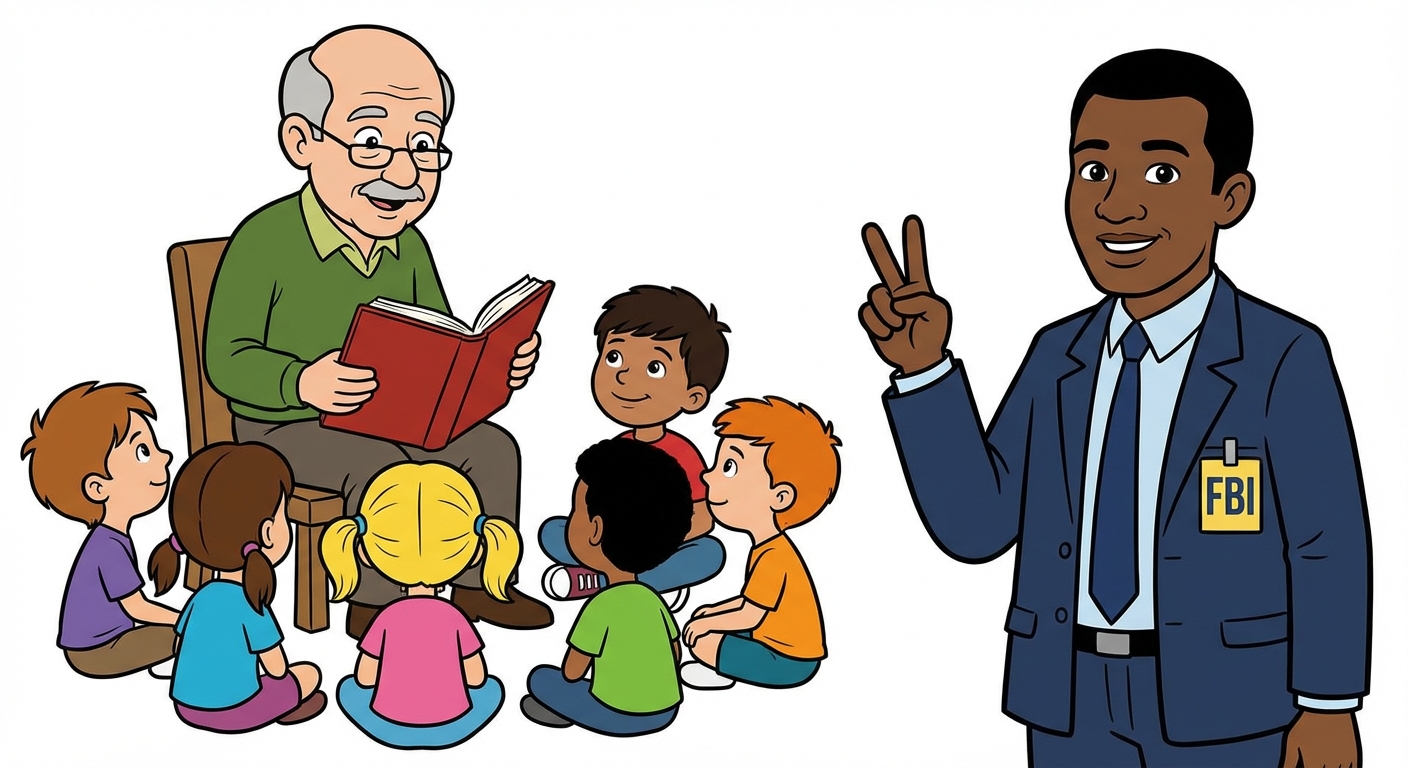 Görsel, bir sandalyede oturan yaşlı bir çizgi film adamını gösteriyor; etrafında, kitap okurken onu dikkatle dinleyen çocuklar var