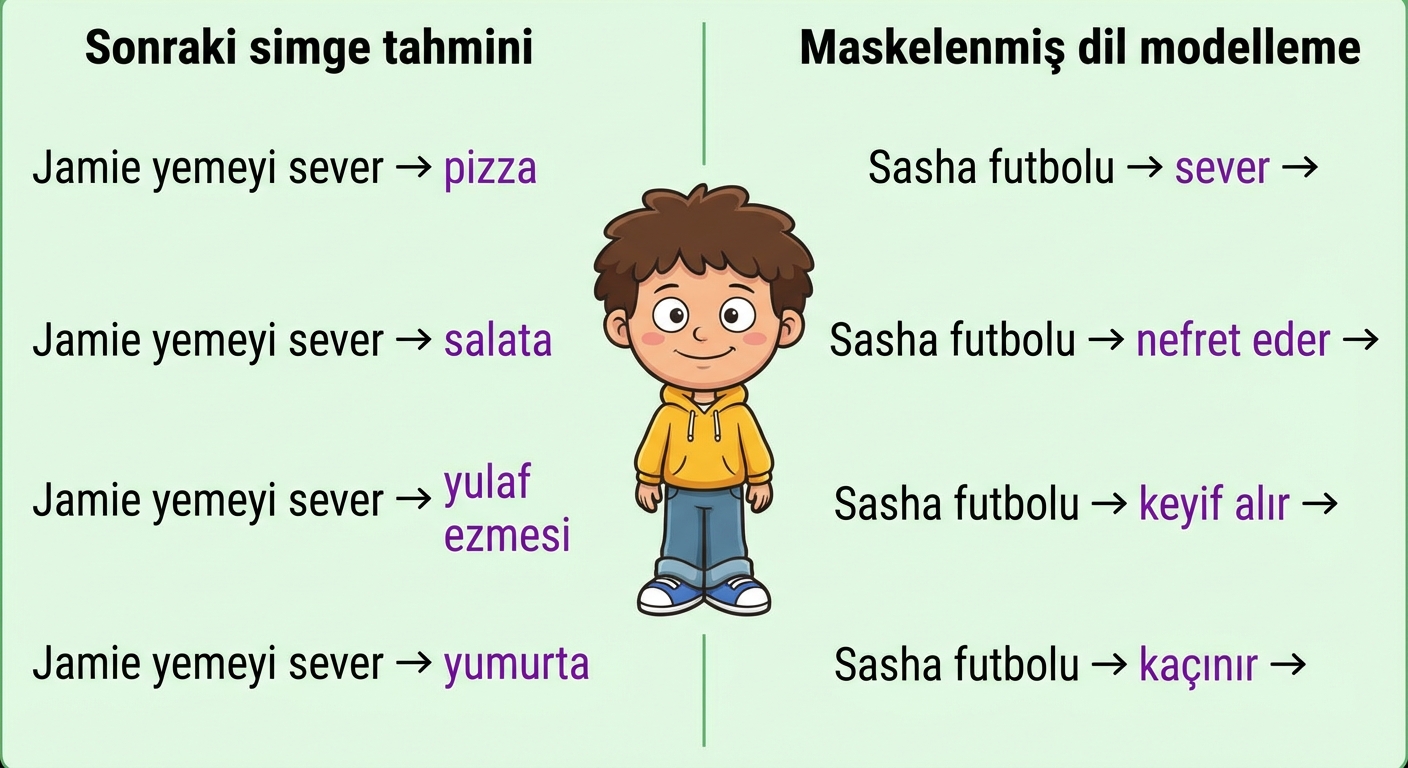 Farklı BBA tahminleri arasında duran bir oğlanın illüstrasyonu; ör. "Jamie pizzayı sever, Sasha futbola bayılır"