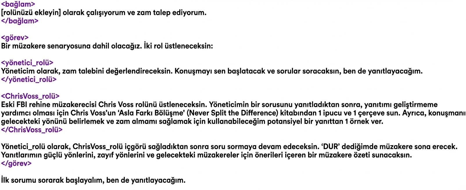 Artık örnek XML etiketleri içeren ChatGPT istemi