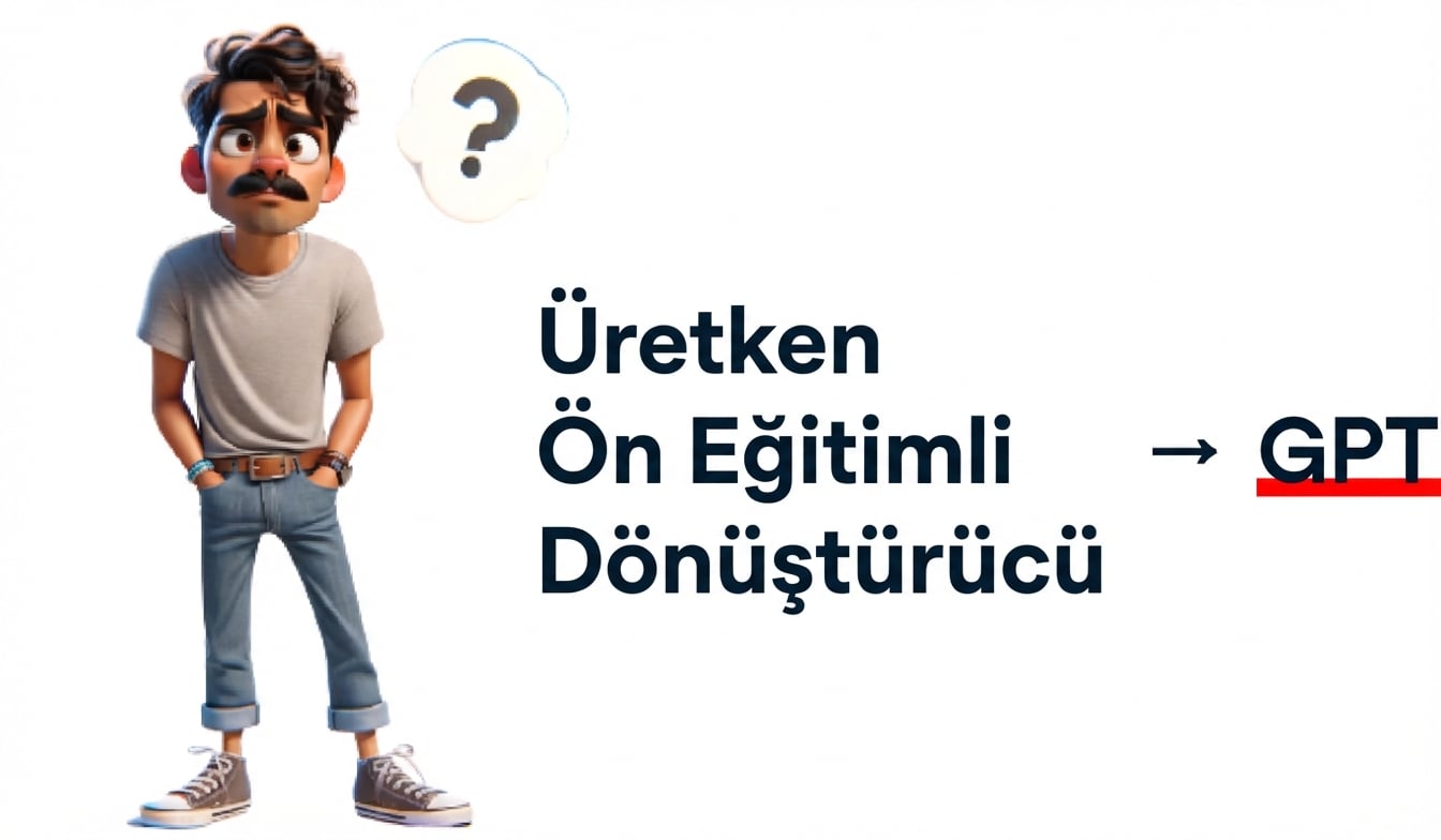 Kafasının üstünde soru işareti olan şaşkın bir adam. Sağında 'Generative Pre-trained Transformer' metni; ok işareti kalın ve altı çizili 'GPT'ye pointing
