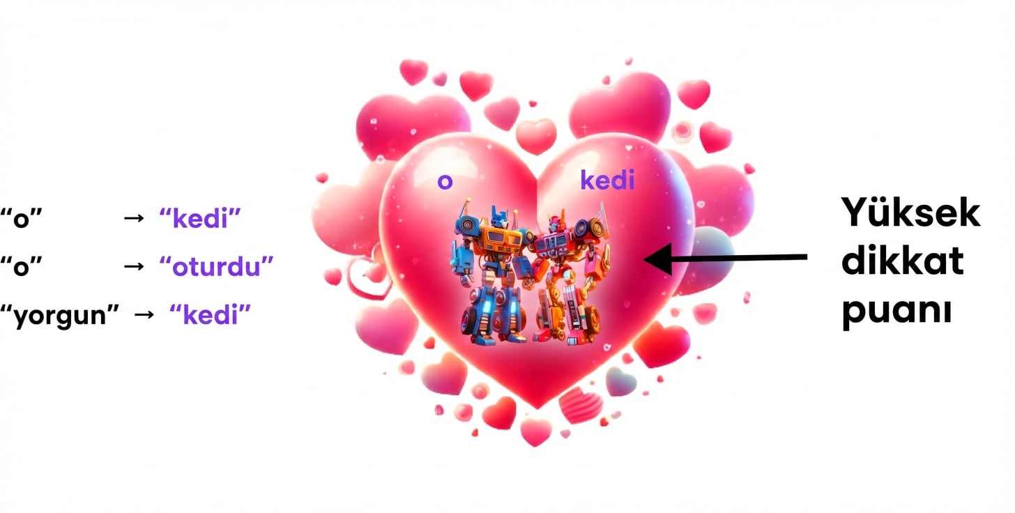 Görselde büyük pembe bir kalp içinde iki renkli robot var; etrafta küçük kalpler bulunuyor. Soldaki robot "it", sağdaki robot "the cat" etiketiyle. Kalbin solunda dikey sırada mavi renkte üç metin parçası: "the cat", "sat" ve "the cat"