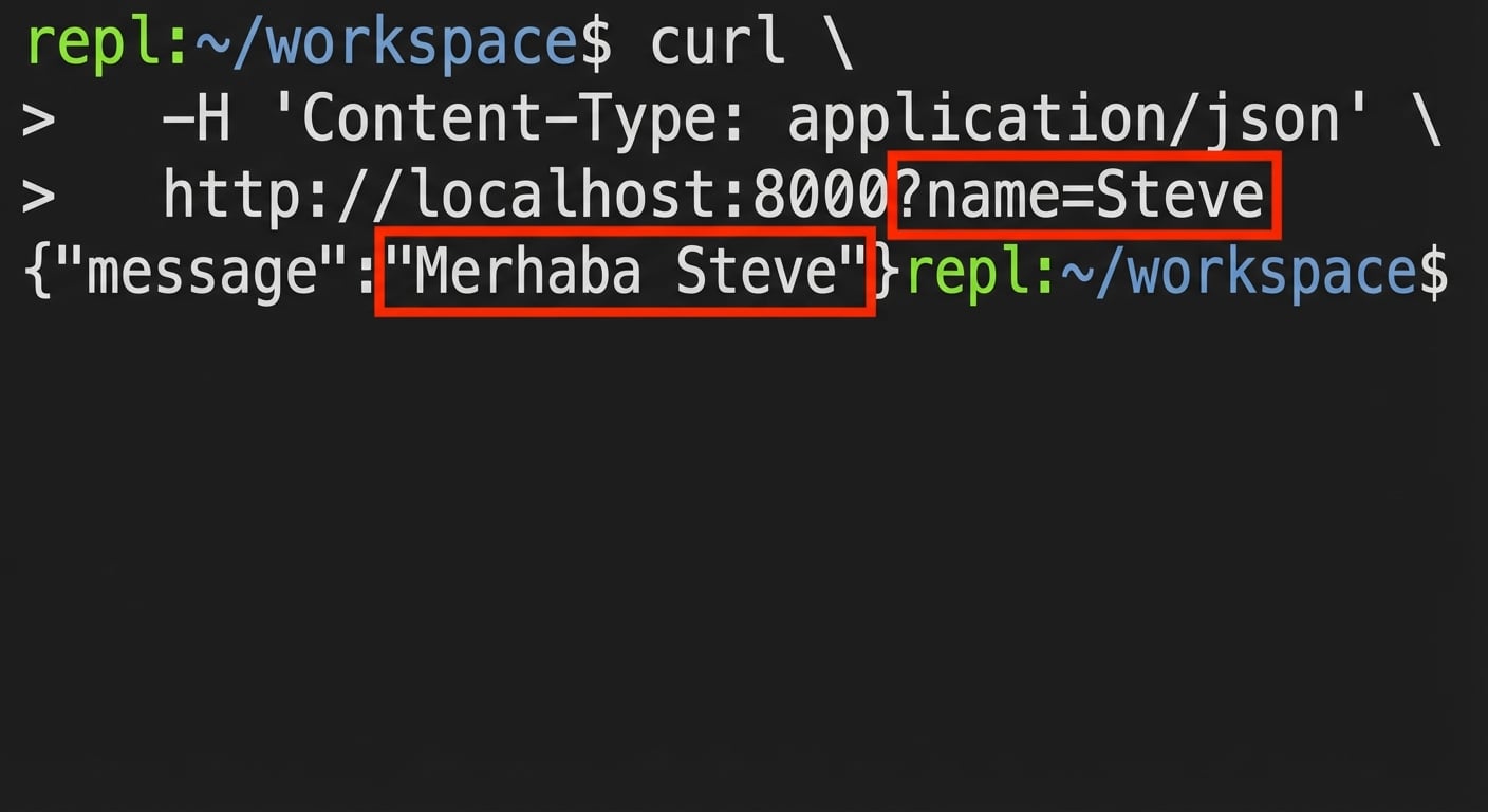 Ad verilerek yapılan bir curl isteğini gösteren terminal. Yanıt mesajı: "Hello Steve."