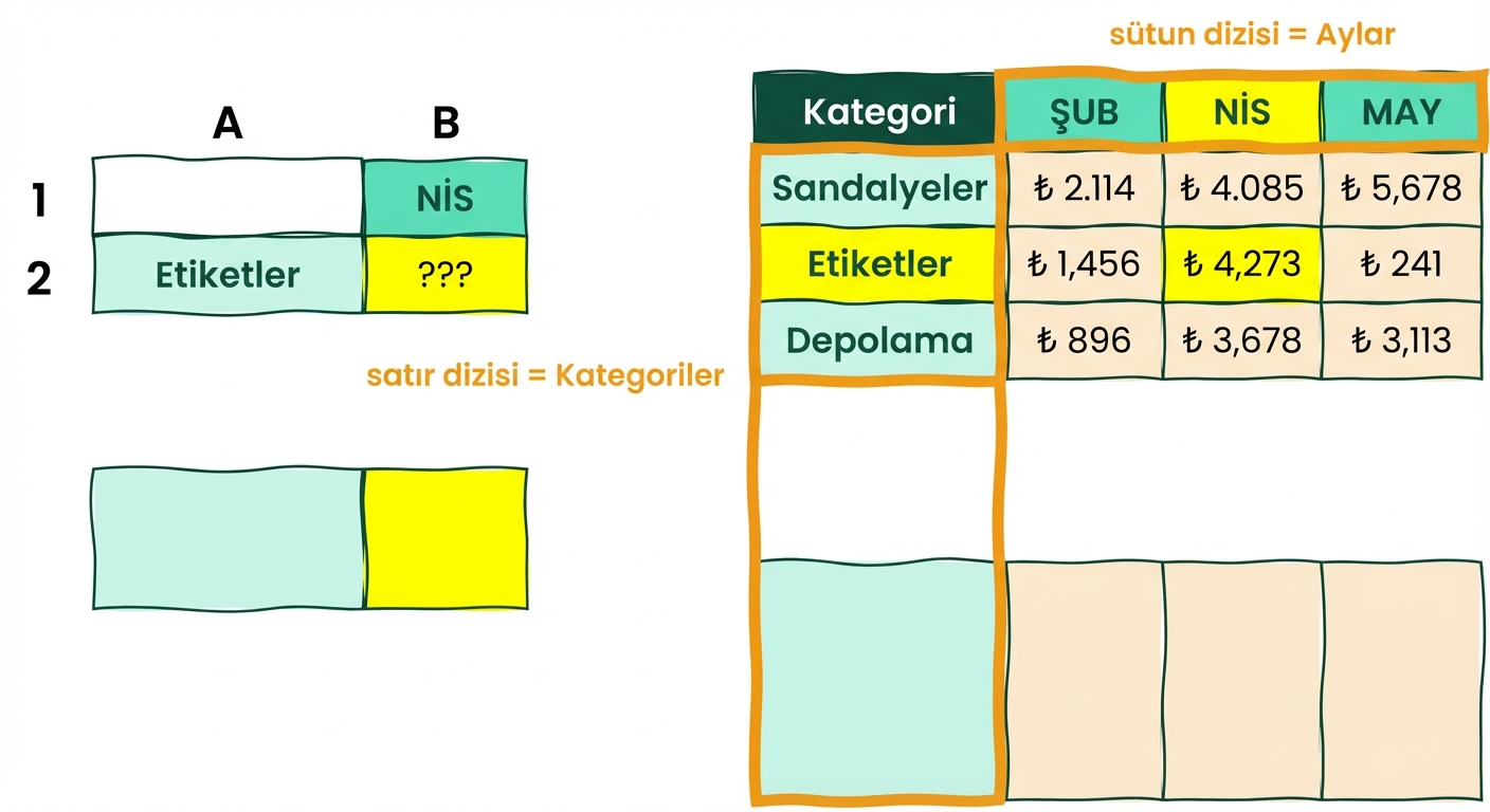 INDEX ve MATCH kullanımını göstermek için 5 sütun 4 satırlı Excel tablosu