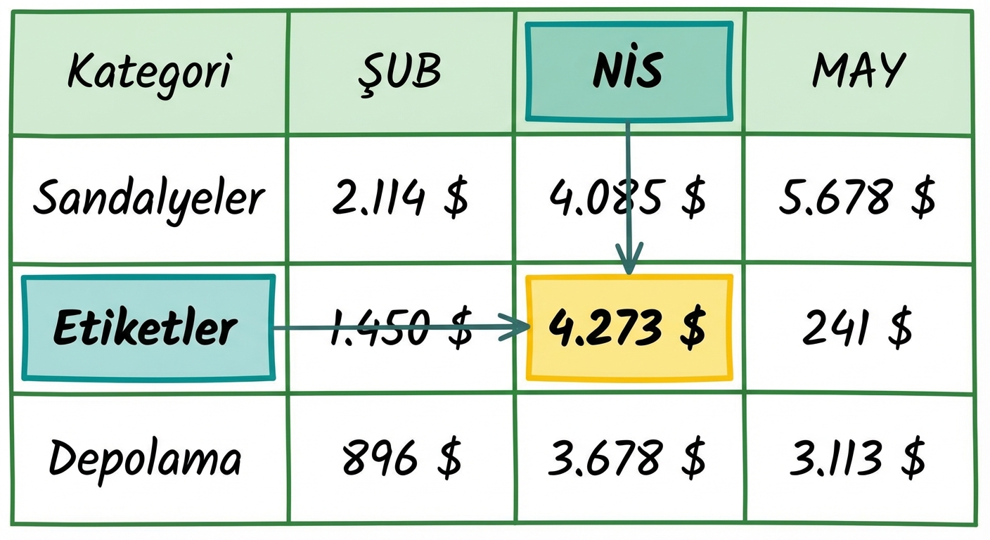Çeşitli satır ve sütunlara sahip, bir hücresi sarı vurgulu tablo