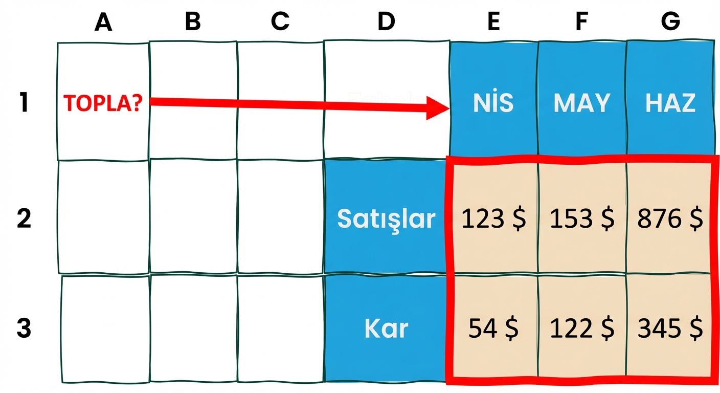 Toplanan bir diziyi göstermek için iki satır ve iki sütunlu tablo