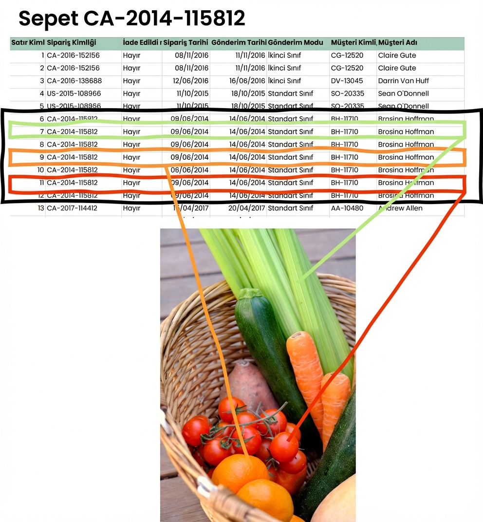 Bir sebze sepeti ve ilgili siparişleri gösteren bir Excel tablosu