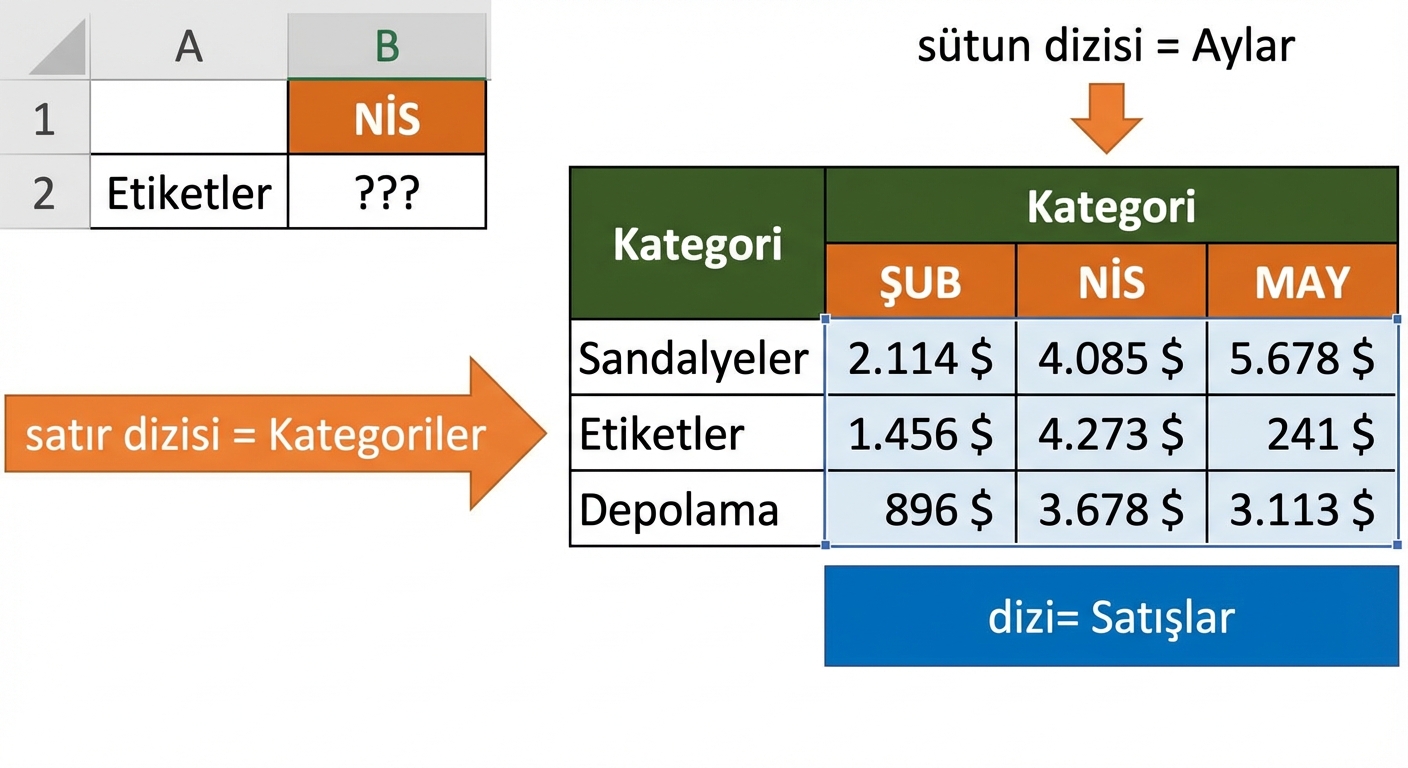INDEX ve MATCH kullanımını göstermek için 5 sütun 4 satırlı Excel tablosu