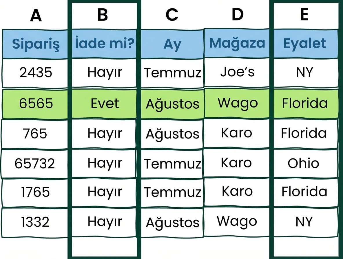 İki VE koşullu Excel tablo örneği