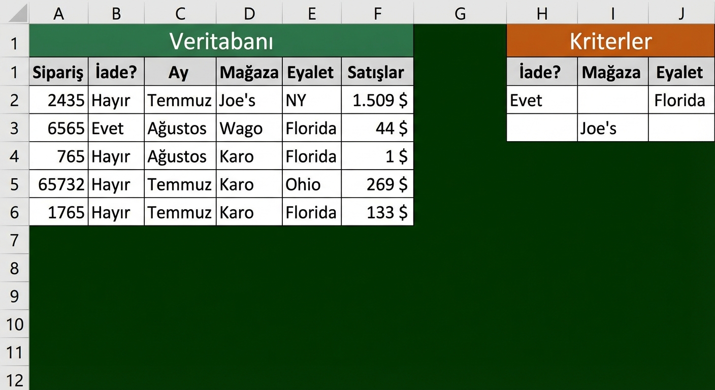 Excel'de veritabanı işlevleri ve koşullar örneği
