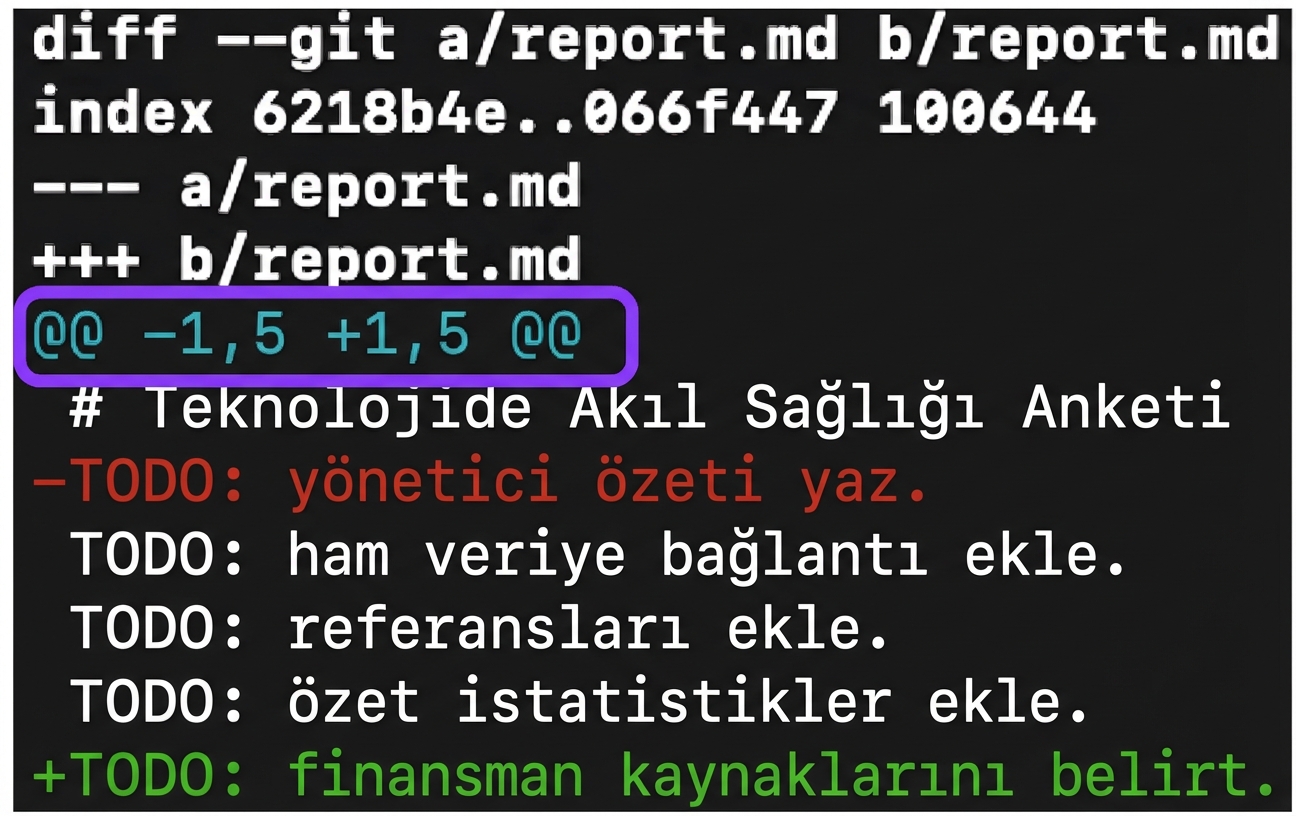 "@@ -1, 5 +1, 5 @@" içeren beşinci satırı gösteren açıklamalı git diff çıktısı; iki sürümün başlangıç ve bitiş satırlarını temsil eder