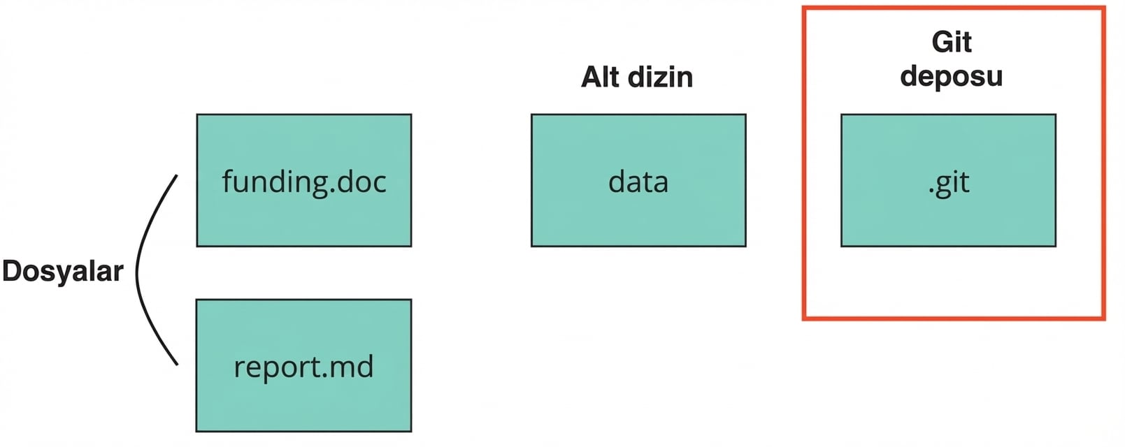 Funding ve report adlı iki dosyanın, data adlı bir dizinin ve Git saklama alanı olarak işaretlenen dot-git adlı başka bir dizinin bulunduğu bir Git deposu görüntüsü