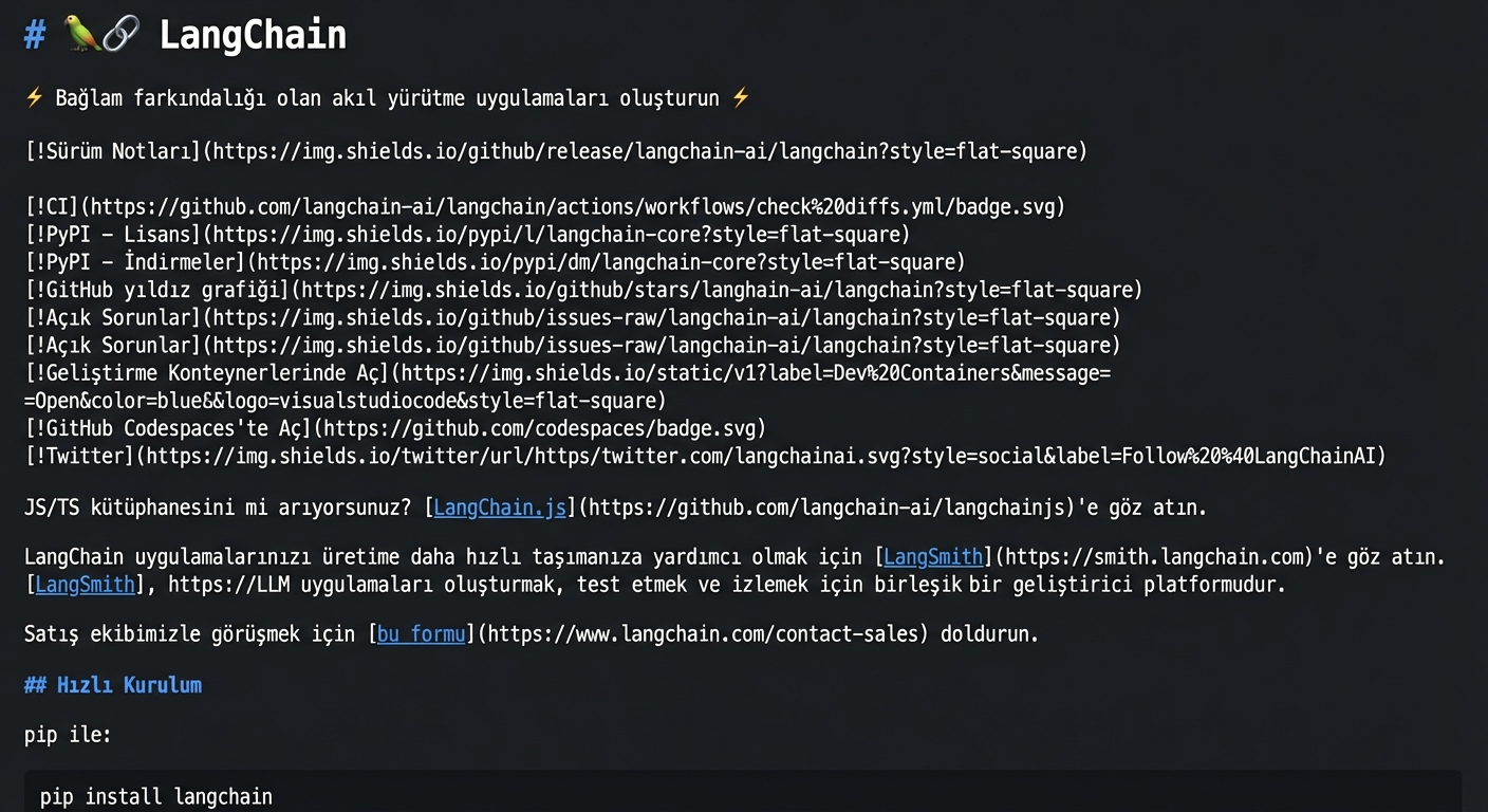 LangChain'in GitHub deposundaki README dosyasını oluşturan ham markdown.