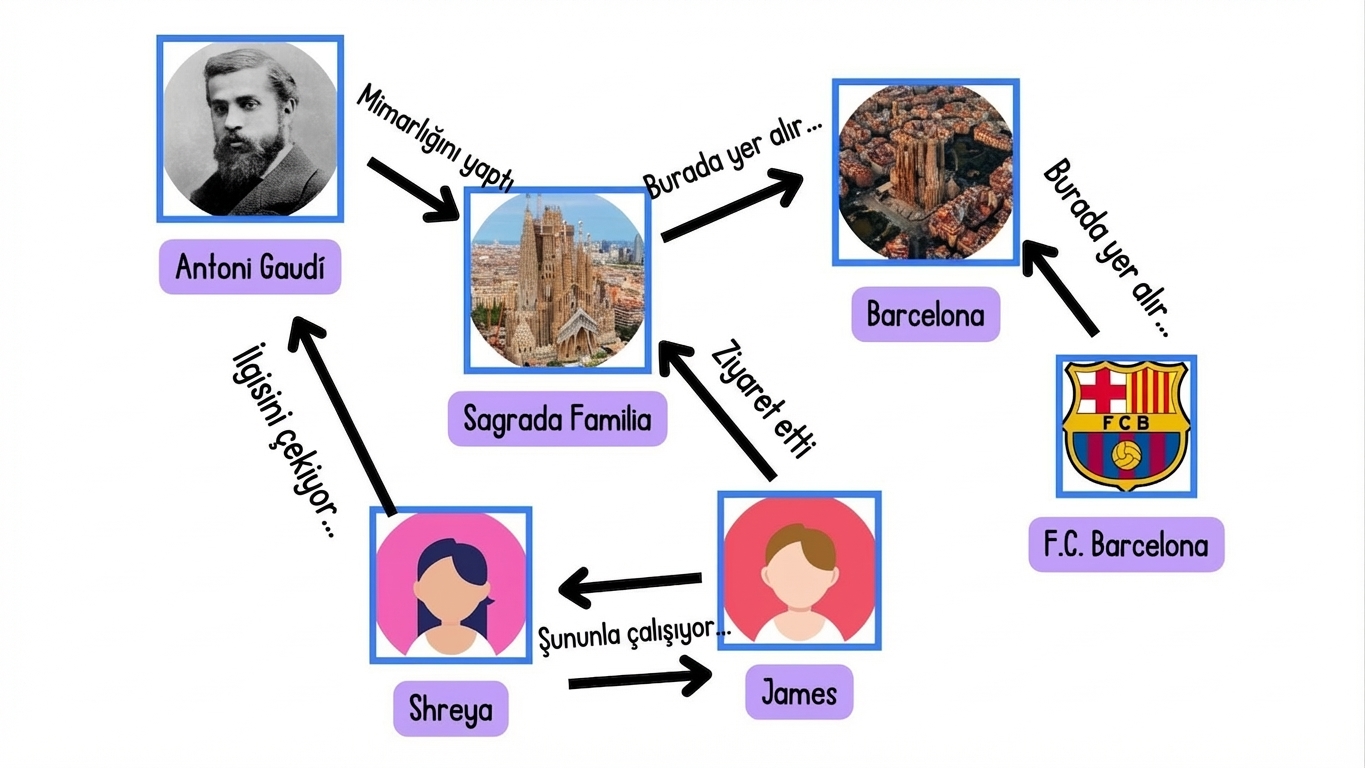 Kişiler, yerler ve ilgi alanları arasındaki bağlantıları gösteren bir grafik.