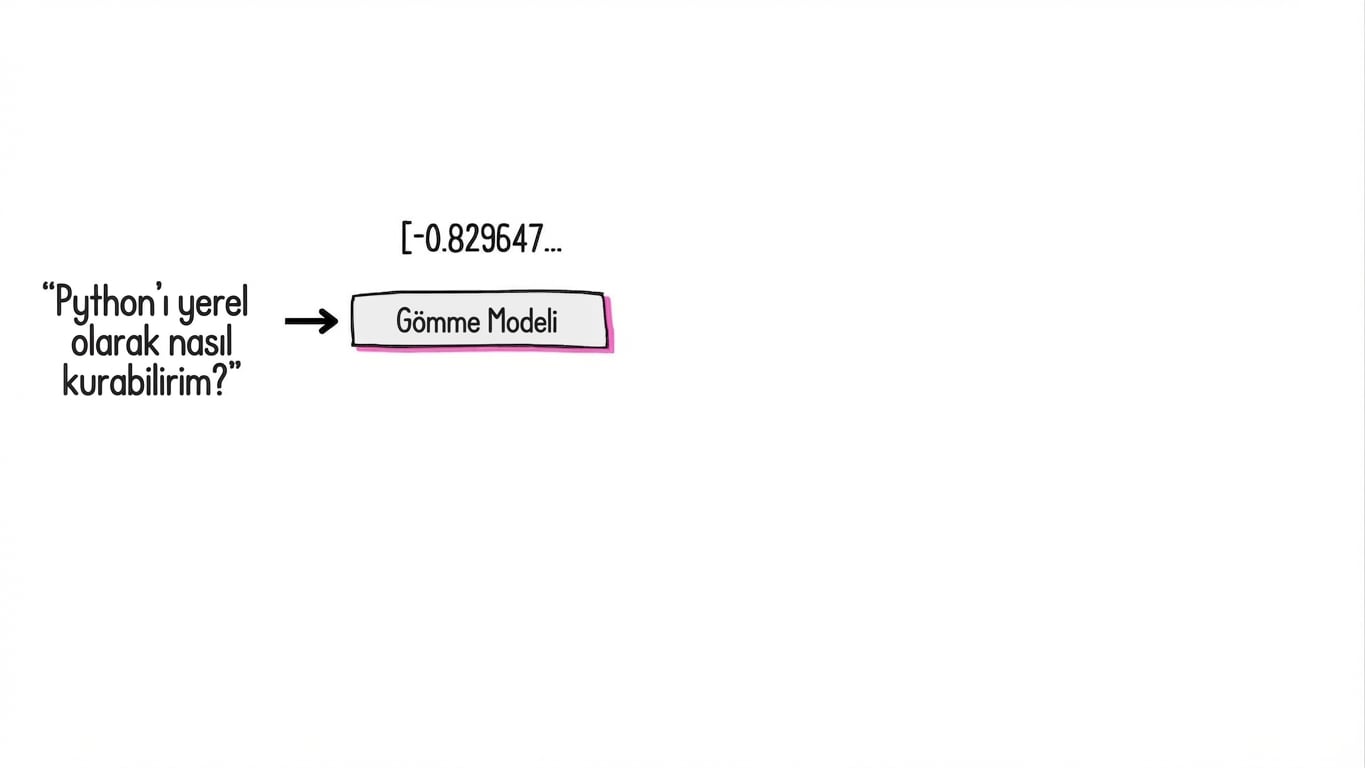 Gömme modeli metni sayısal bir vektör olarak gömer.