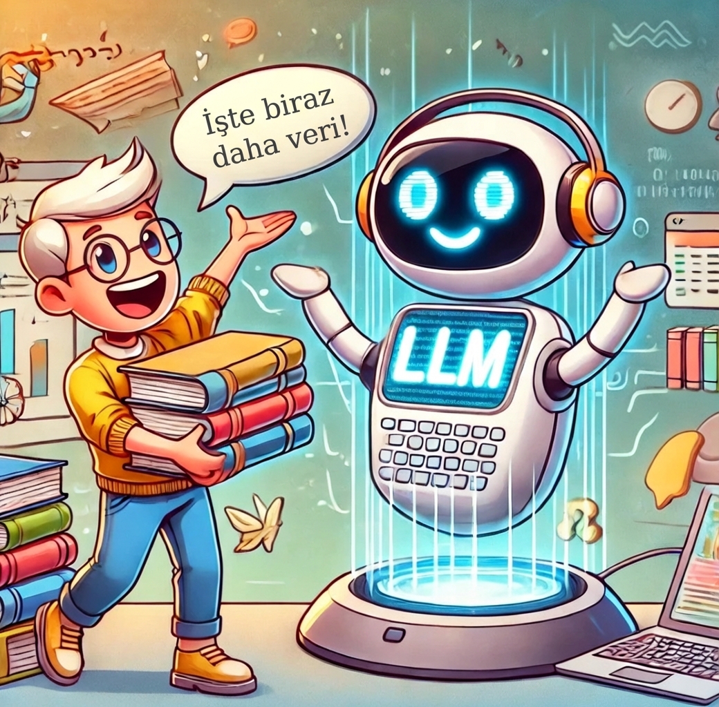 Bir kişinin, kitaplar şeklinde LLM’ye daha fazla bilgi verdiği bir sahne.