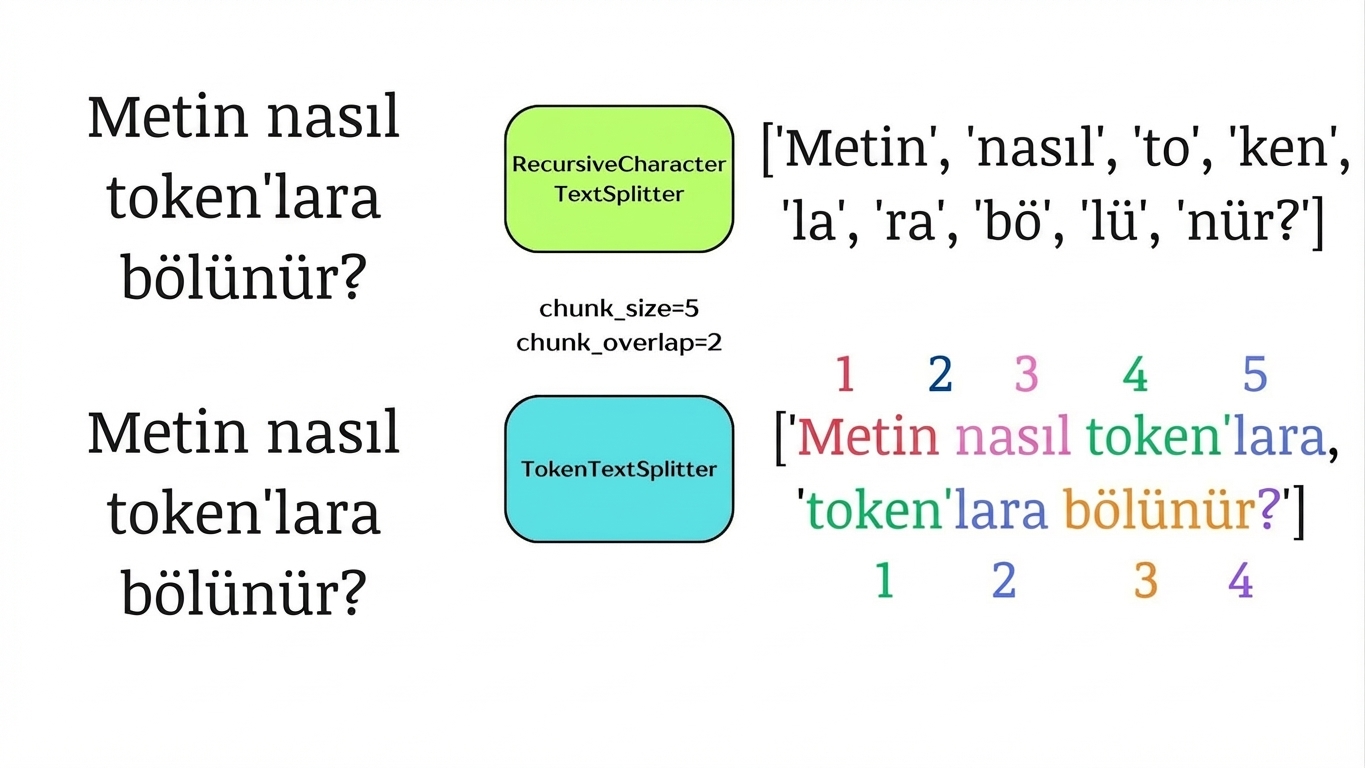 Tokenlar, chunk_size ve chunk_overlap değerleriyle nasıl hizalandığını göstermek için vurgulanmıştır.