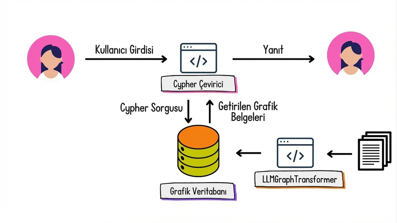 Doğal dilden Cypher’a çevirici, doğal dil girdisini Cypher sorgusuna; getirilen grafik belgeleri de yeniden doğal dile çevirir.