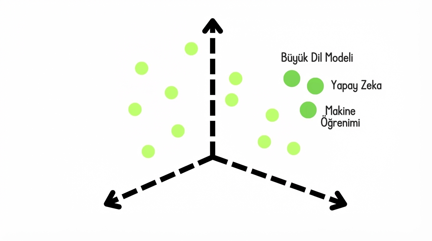 Benzer terimlerin bir arada gruplanmış olduğu bir vektör uzayı: Large Language Model, AI ve Machine Learning.