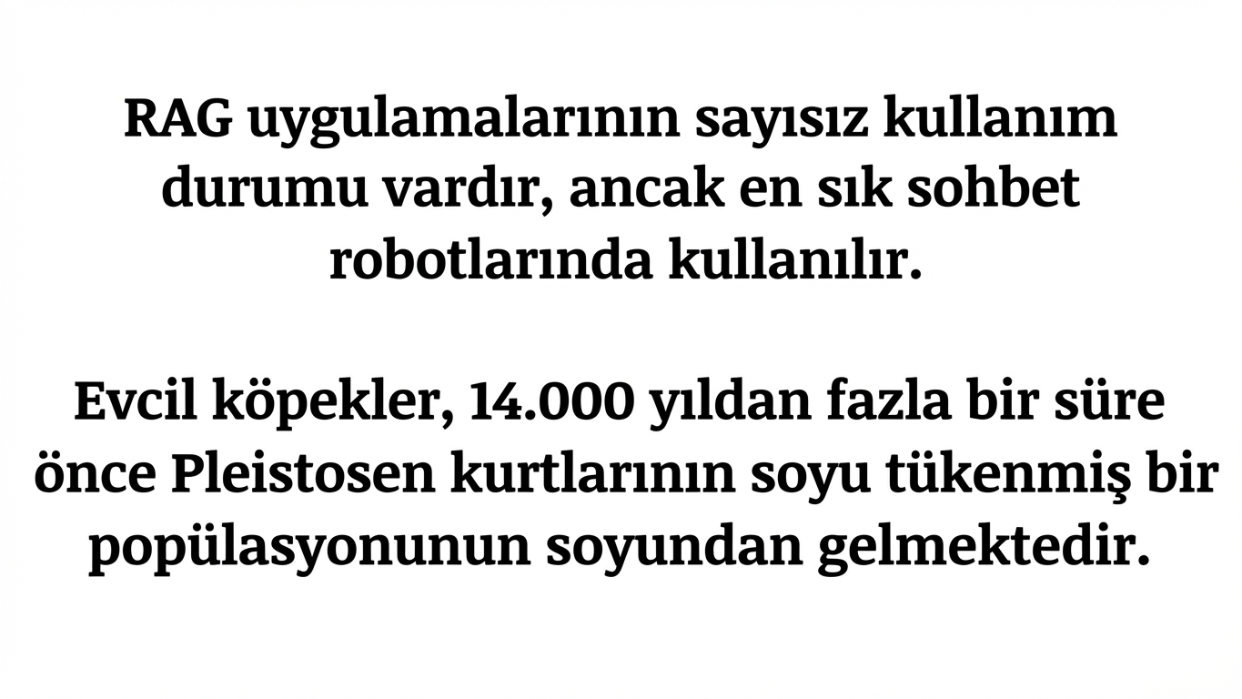 RAG uygulamaları hakkında bir cümle ve köpekler hakkında bir cümle içeren bir paragraf.