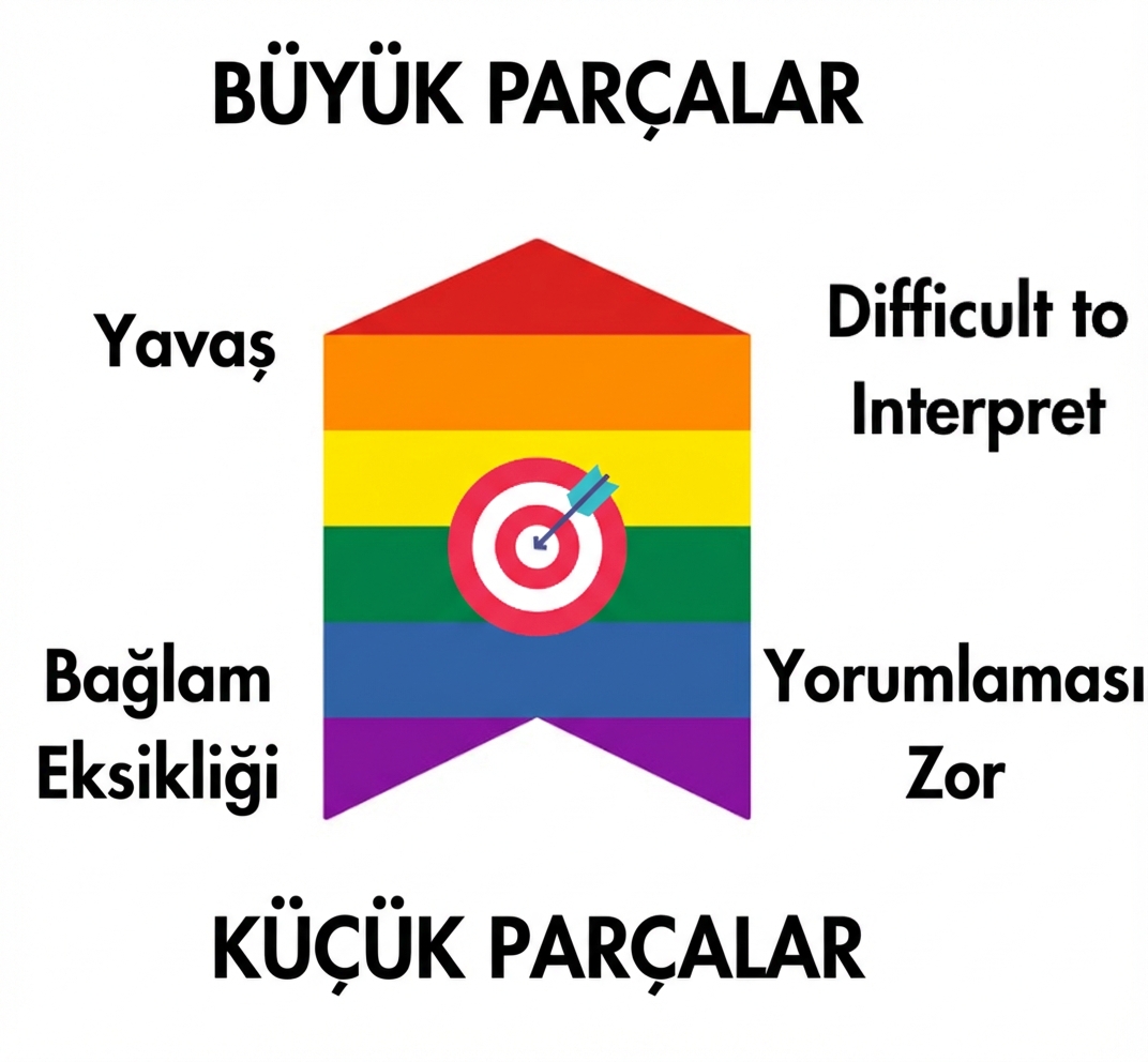 İdeal parça boyutunun ortalarda olduğu; büyük parçalar yavaş getirime ve yorumlamada zorluklara, küçük parçalar ise yetersiz bağlama yol açabilir.