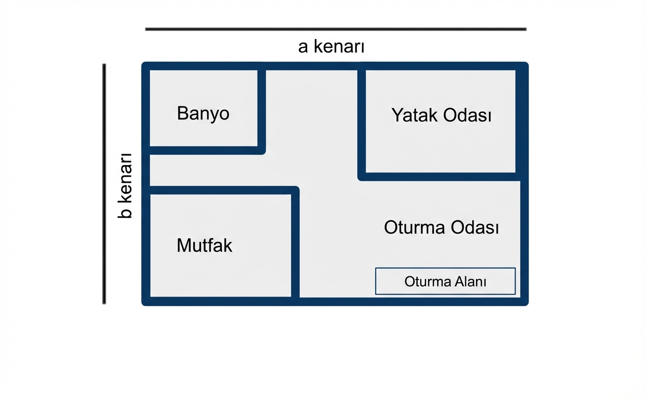 Uzunluk ve genişliği sırasıyla "kenar a" ve "kenar b" olarak işaretlenmiş stüdyo daire dikdörtgen planı.