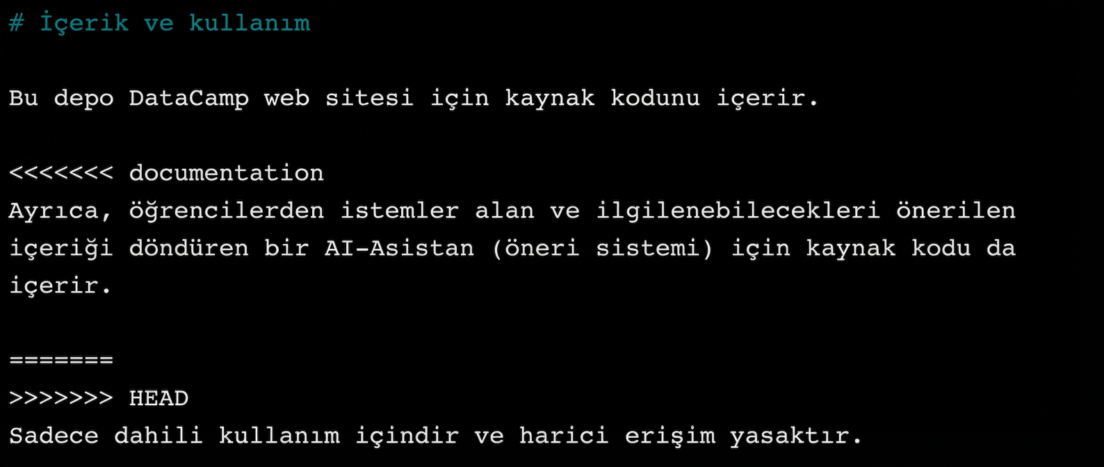 nano ile README dosyasında çakışma bölümlerinin gösterimi