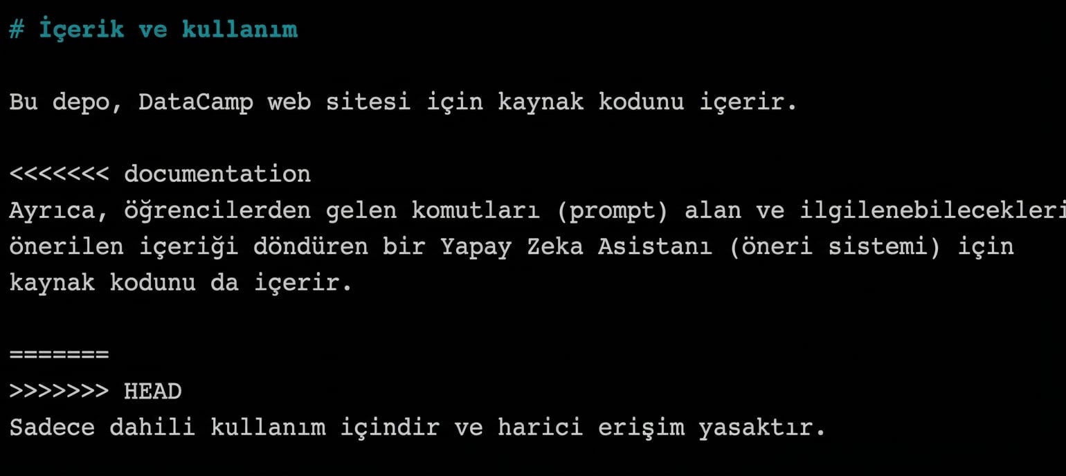 nano web düzenleyicide Git söz dizimi <<<<<<< documentation, ======= ve >>>>>>> HEAD siliniyor