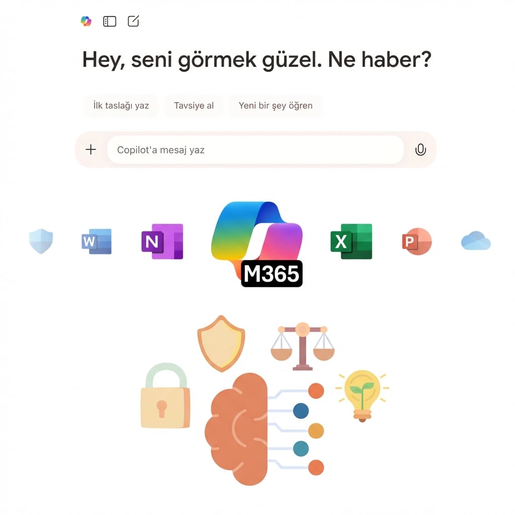 Copilot sohbeti ve Copilot 365 simgesi ile sorumlu yapay zekâyı temsil eden bir simge