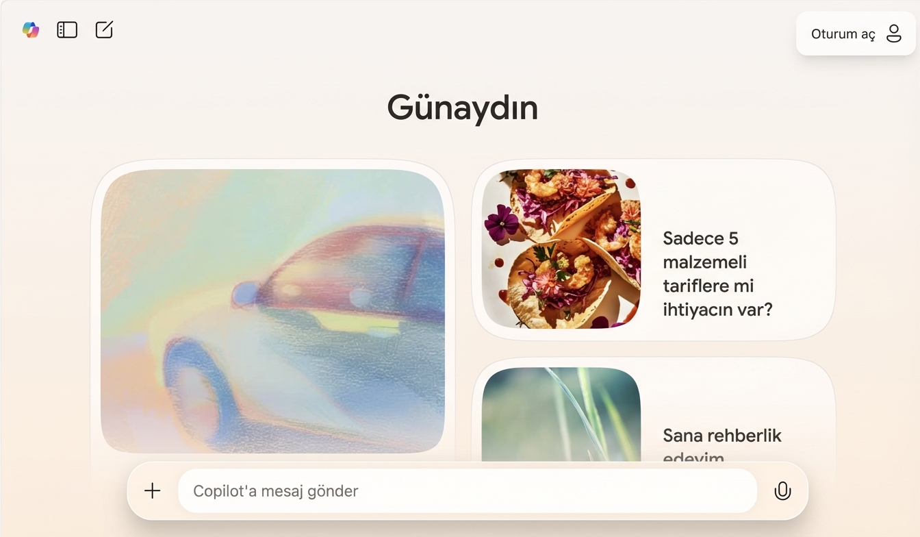 Copilot web arayüzünü gösteren bir görsel. Sıralı istemlerin hemen altında görseller var.