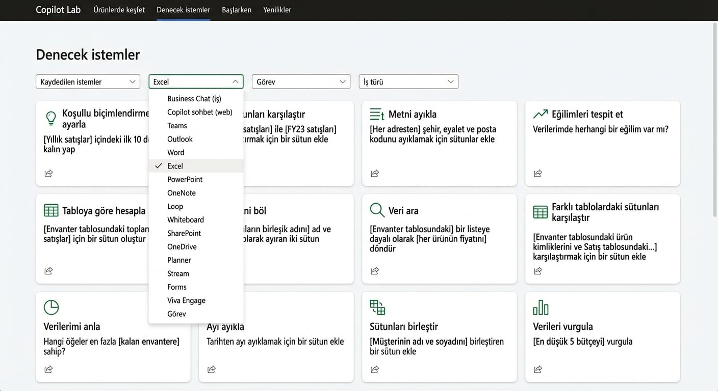 Açılır filtreli Copilot Lab’den önerilen istemler.