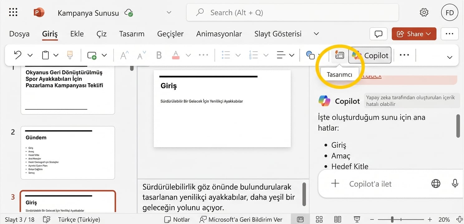 Designer vurgulanmış PowerPoint sunumunun ekran görüntüsü
