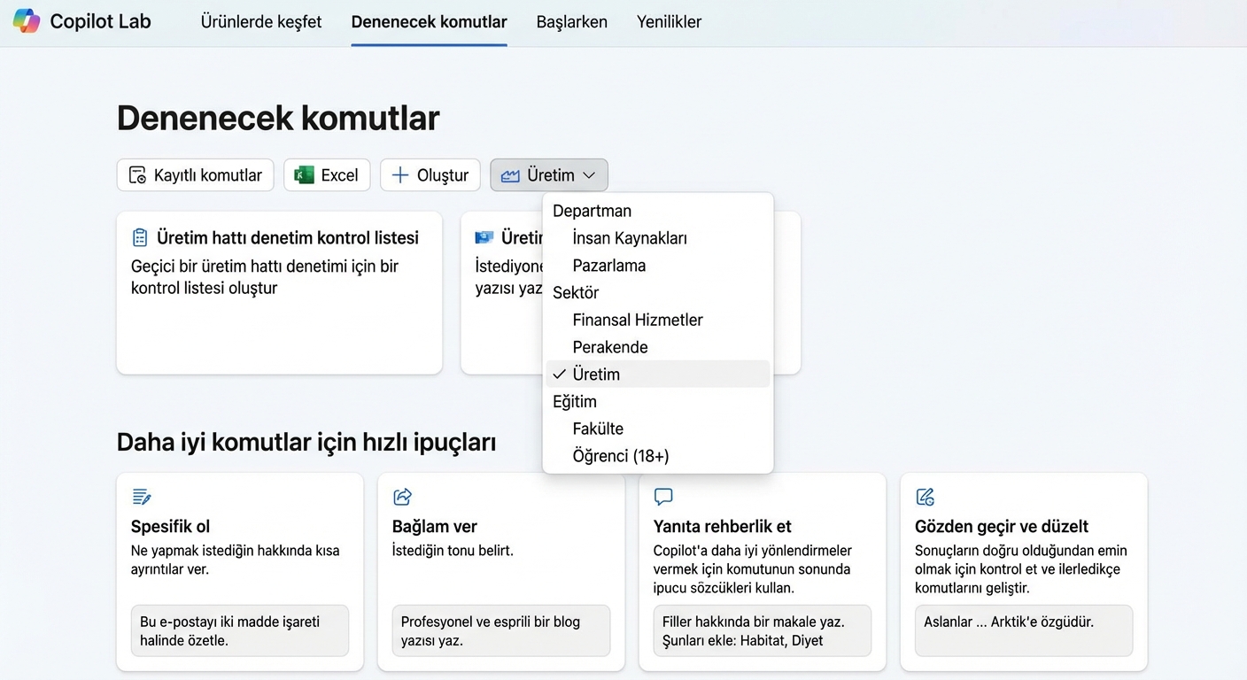 Açılır filtreli Copilot Lab’den önerilen istemler.