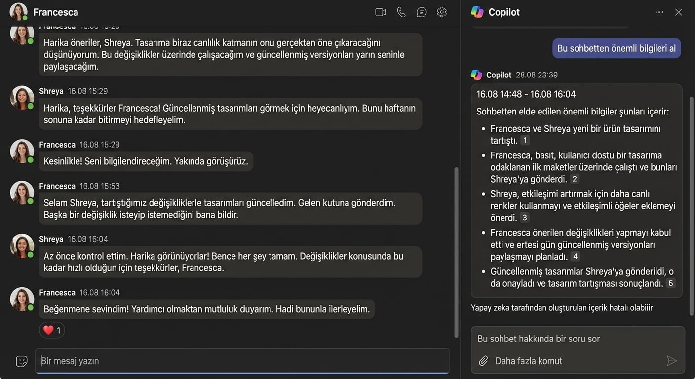 Sohbetten ana bilgileri çıkaran Copilot.