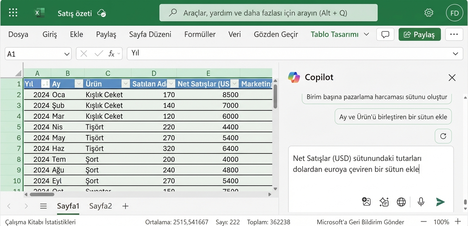 Kıyafet ürünlerine ait verileri gösteren açık bir Excel belgesi ve değerleri avroya dönüştürmesini isteyen kullanıcıyla açık Copilot sohbeti.